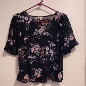 Lily White Black Floral Ruffle Blouse